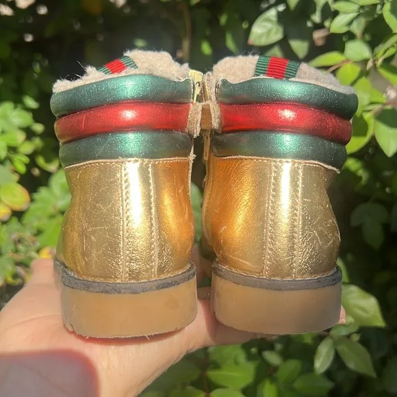 Gucci Gold Leather Lace-Up Combat Boots with Signature Stripe