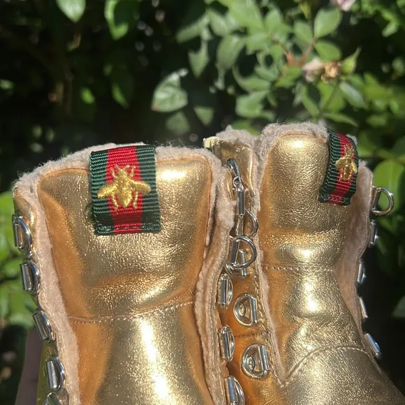 Gucci Gold Leather Lace-Up Combat Boots with Signature Stripe