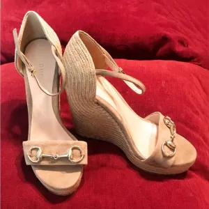 Gucci Tan Suede Wedge Sandals with Horse Bit embellishment