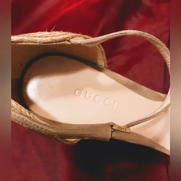 Gucci Tan Suede Wedge Sandals with Horse Bit embellishment