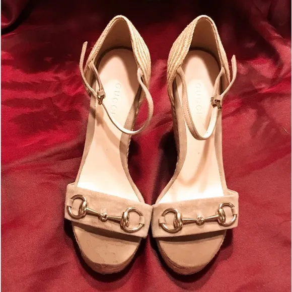 Gucci Tan Suede Wedge Sandals with Horse Bit embellishment