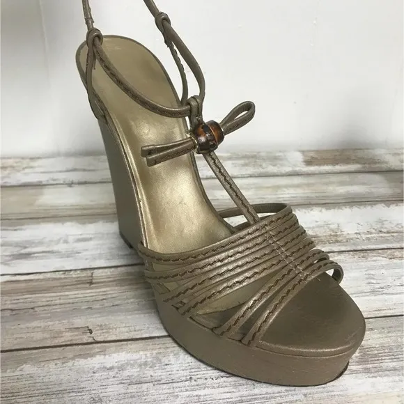 GUCCI Vegas Gold Leather Platform Wedges 38
