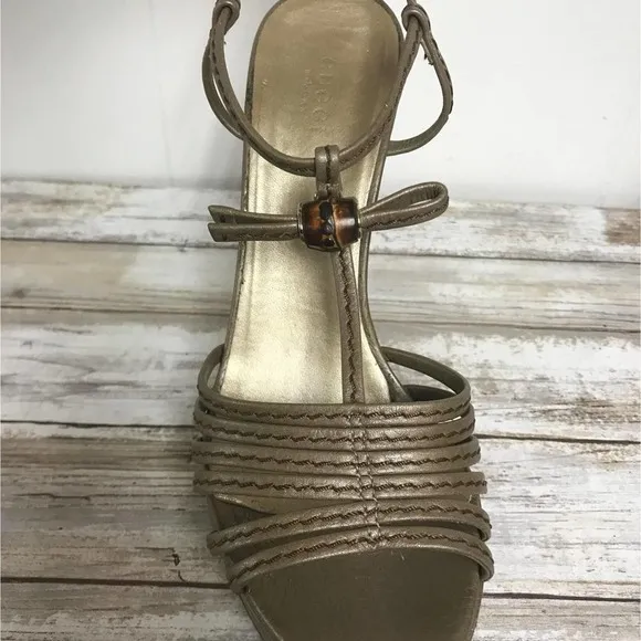 GUCCI Vegas Gold Leather Platform Wedges 38