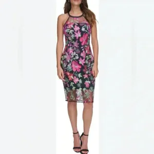 GUESS Embroidered-Floral Mesh Sheath Midi Colorful Springtime Dress Size 12 NEW
