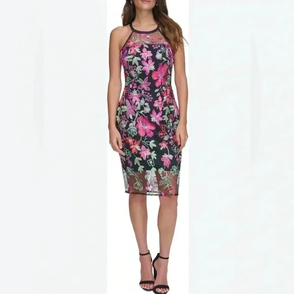 GUESS Embroidered-Floral Mesh Sheath Midi Colorful Springtime Dress Size 12 NEW