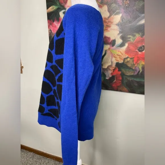 Halogen New Blue Animal Printed 100% Cashmere Boat neck Pullover Sweater Sz XL