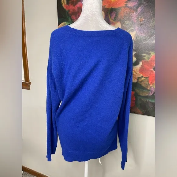 Halogen New Blue Animal Printed 100% Cashmere Boat neck Pullover Sweater Sz XL