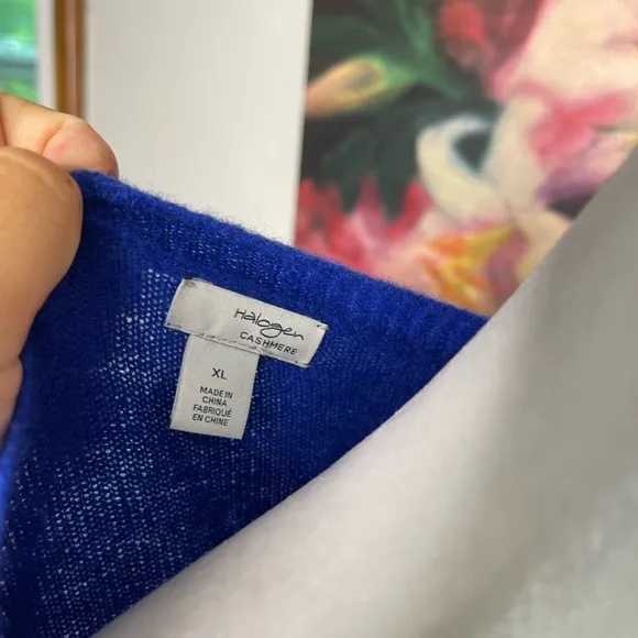 Halogen New Blue Animal Printed 100% Cashmere Boat neck Pullover Sweater Sz XL