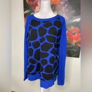 Halogen New Blue Animal Printed 100% Cashmere Boat neck Pullover Sweater Sz XL