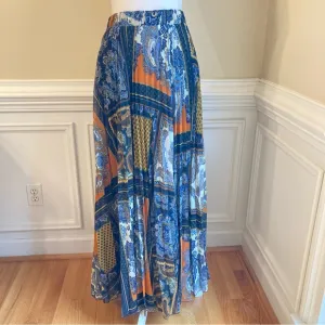 H&amp;M Blue Orange Yellow Paisley Scarf Print Pleated Midi Maxi Skirt