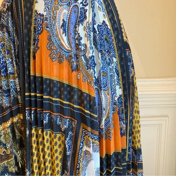 H&amp;M Blue Orange Yellow Paisley Scarf Print Pleated Midi Maxi Skirt