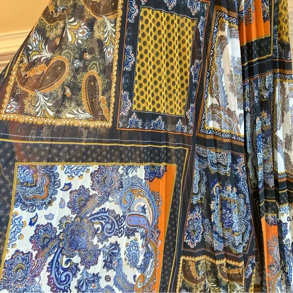 H&amp;M Blue Orange Yellow Paisley Scarf Print Pleated Midi Maxi Skirt