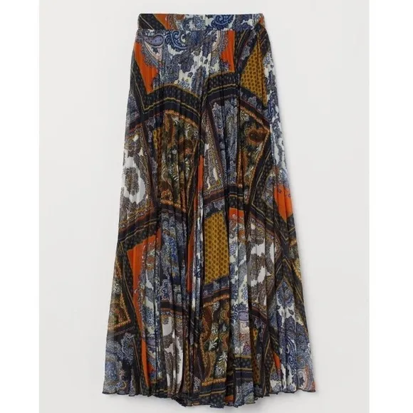 H&amp;M Blue Orange Yellow Paisley Scarf Print Pleated Midi Maxi Skirt