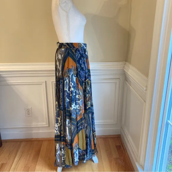 H&amp;M Blue Orange Yellow Paisley Scarf Print Pleated Midi Maxi Skirt