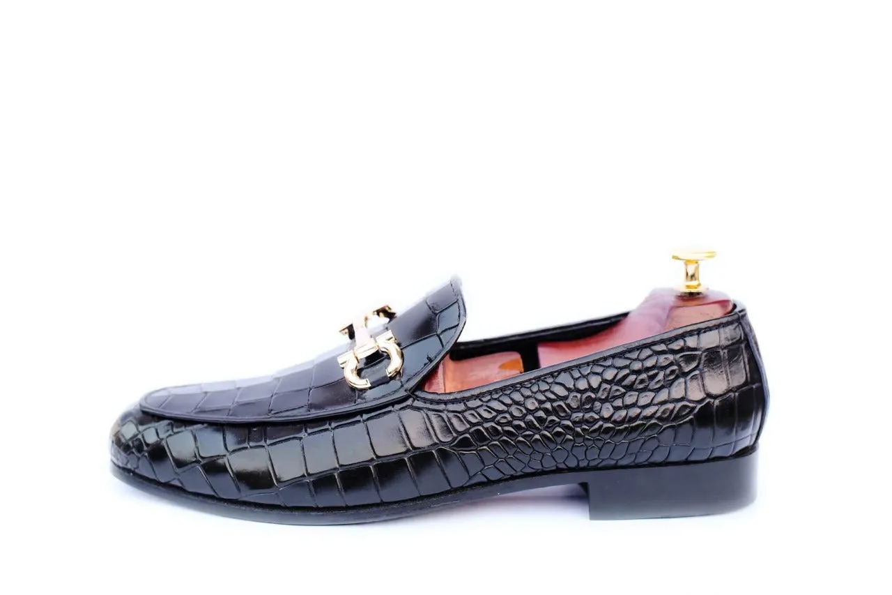 Handmade Black Crocodile Pattern Leather Moccasin Loafers