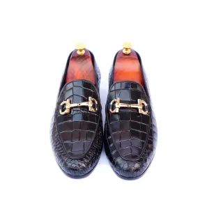 Handmade Black Crocodile Pattern Leather Moccasin Loafers