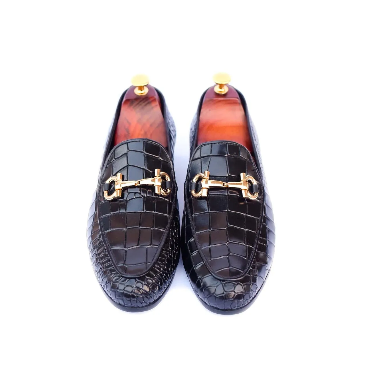 Handmade Black Crocodile Pattern Leather Moccasin Loafers