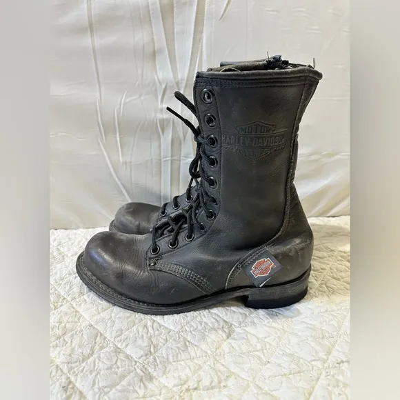 Harley davidson Matte Black Combat Boots with Lace-Up Design