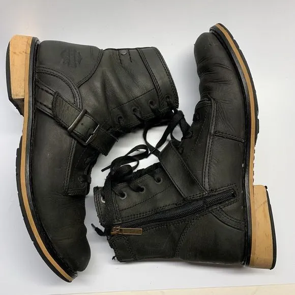 Harley Davidson Riding Boots Mens 9.5 Kelby Black Leather Lace Up Side Zipper