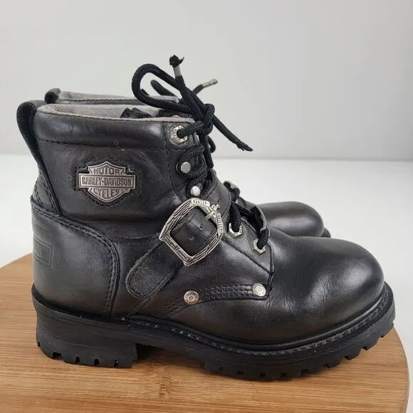 Harley Davidson Black Leather Moto Combat Buckle Boots Women's shoe size 6.5