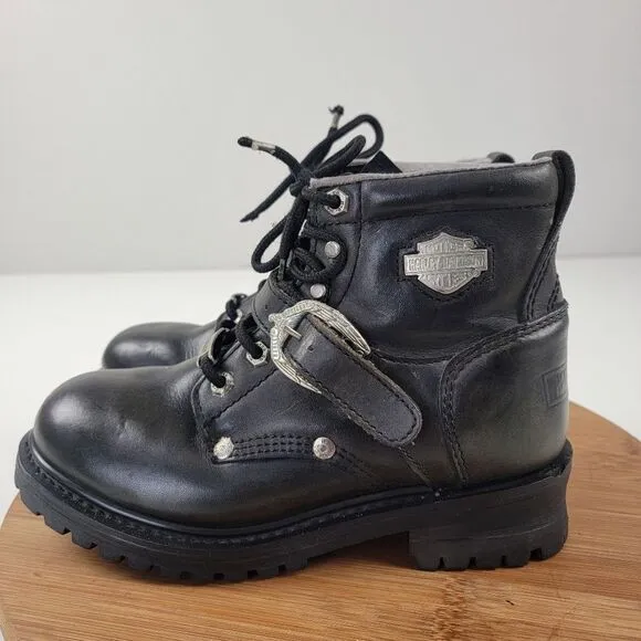 Harley Davidson Black Leather Moto Combat Buckle Boots Women's shoe size 6.5