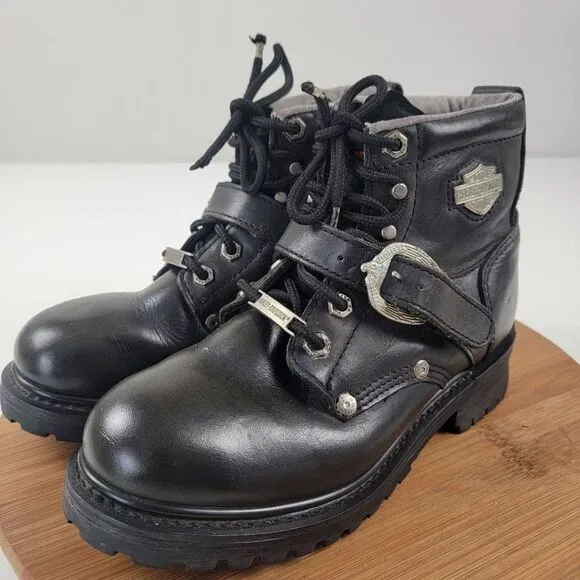 Harley Davidson Black Leather Moto Combat Buckle Boots Women's shoe size 6.5