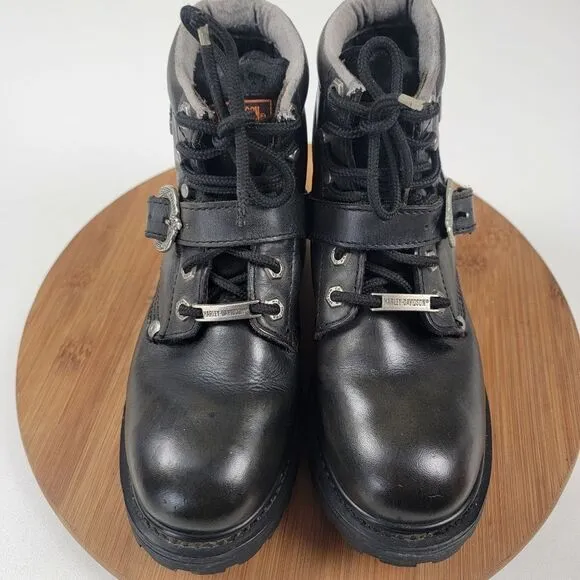 Harley Davidson Black Leather Moto Combat Buckle Boots Women's shoe size 6.5