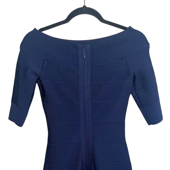 Herve Leger Half Sleeve Boat Neck Ruffle Hem Bandage Dress In Classic Blue