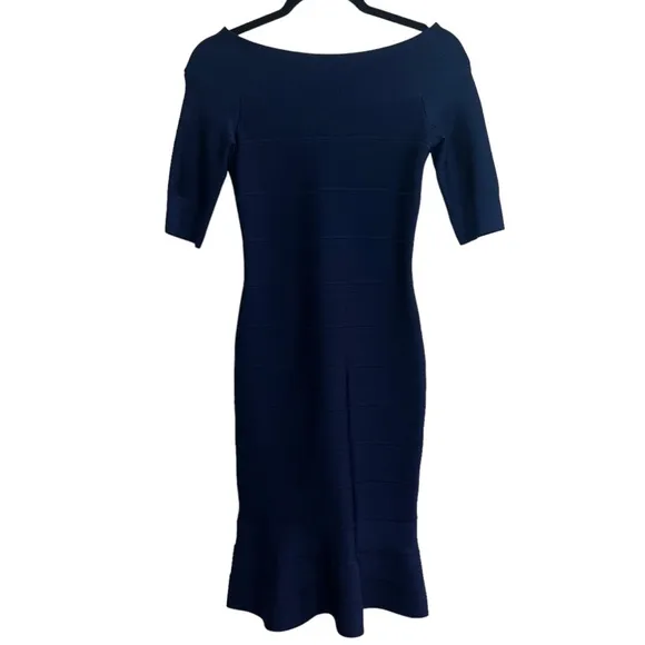 Herve Leger Half Sleeve Boat Neck Ruffle Hem Bandage Dress In Classic Blue