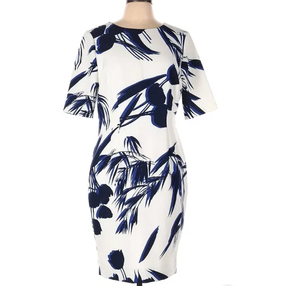 Hobbs London Abstract Botanical Sheath Dress White Blue US 12
