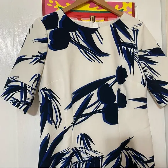 Hobbs London Abstract Botanical Sheath Dress White Blue US 12
