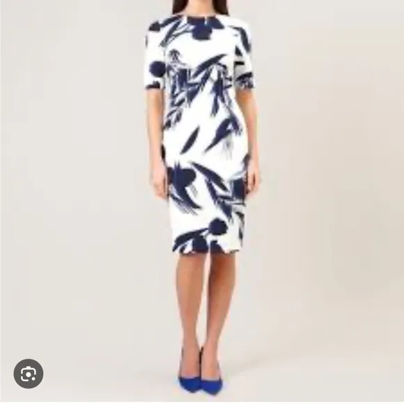 Hobbs London Abstract Botanical Sheath Dress White Blue US 12