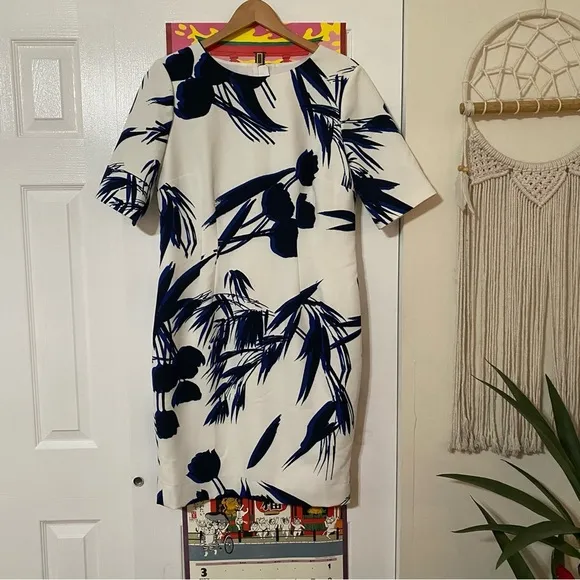 Hobbs London Abstract Botanical Sheath Dress White Blue US 12