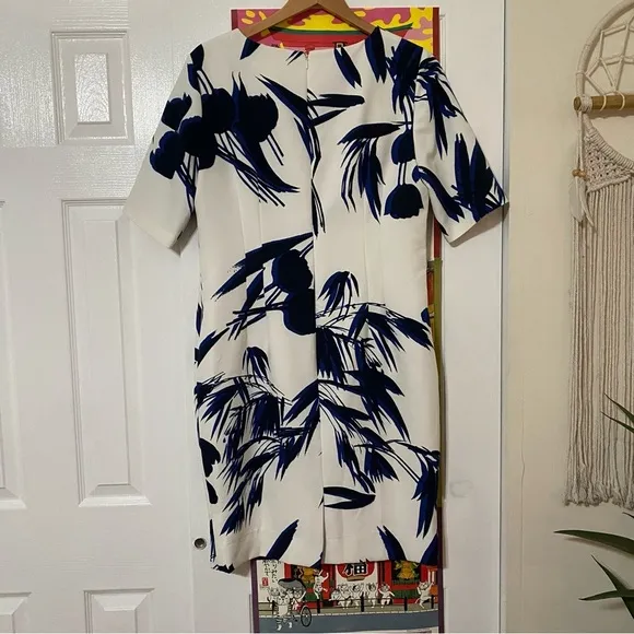 Hobbs London Abstract Botanical Sheath Dress White Blue US 12
