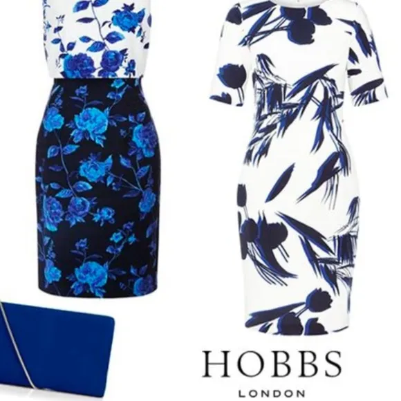 Hobbs London Abstract Botanical Sheath Dress White Blue US 12