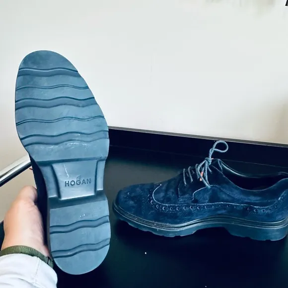Hogan Blue Leather Suede Shoes with Brogue Detailing, Hogan Italian 7 = USA 8.5