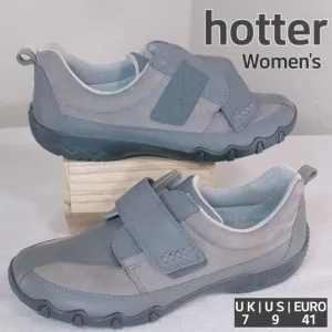 Hotter Women's 9 US Grey Leather Nicole Sneakers Comfort Hook And Loop Shoes EUC