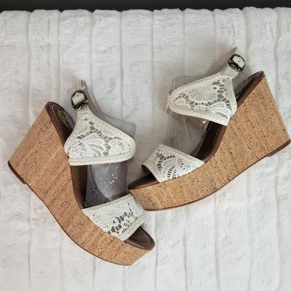HOUSE OF HARLOW 1960 // ltd ed gladys white mesh lace cork platform wedges