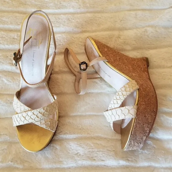 HOUSE OF HARLOW // ltd ed ivory leather python platform sculpted cork wedges