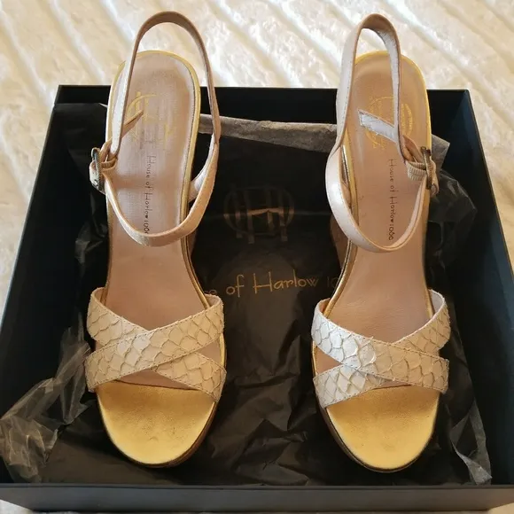 HOUSE OF HARLOW // ltd ed ivory leather python platform sculpted cork wedges