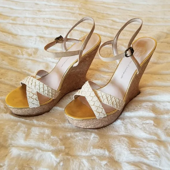 HOUSE OF HARLOW // ltd ed ivory leather python platform sculpted cork wedges