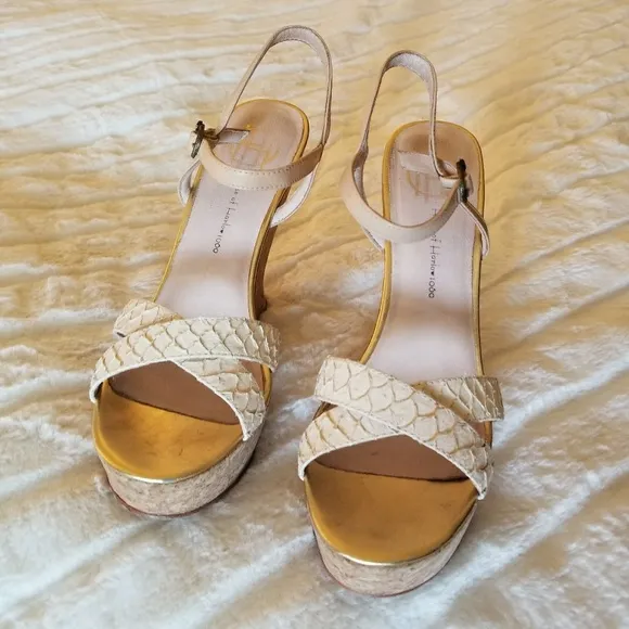HOUSE OF HARLOW // ltd ed ivory leather python platform sculpted cork wedges