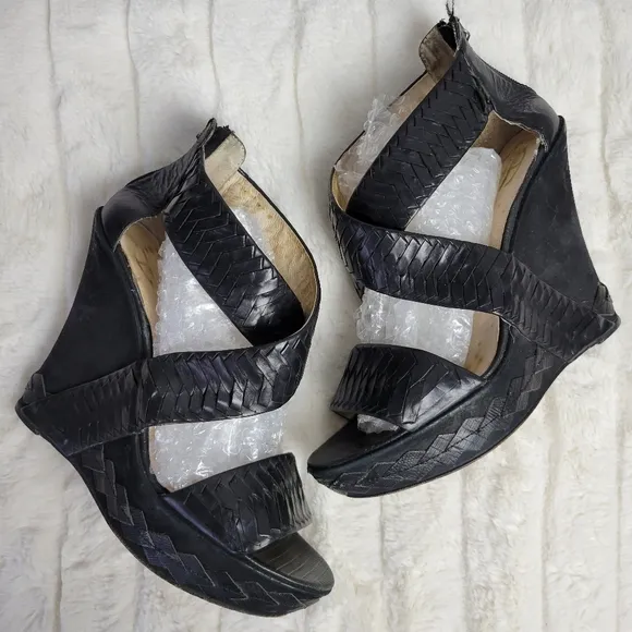 HOUSE OF HARLOW // veronika python woven suede leather strappy platform wedges