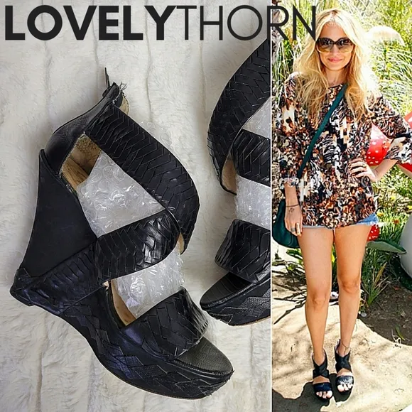 HOUSE OF HARLOW // veronika python woven suede leather strappy platform wedges
