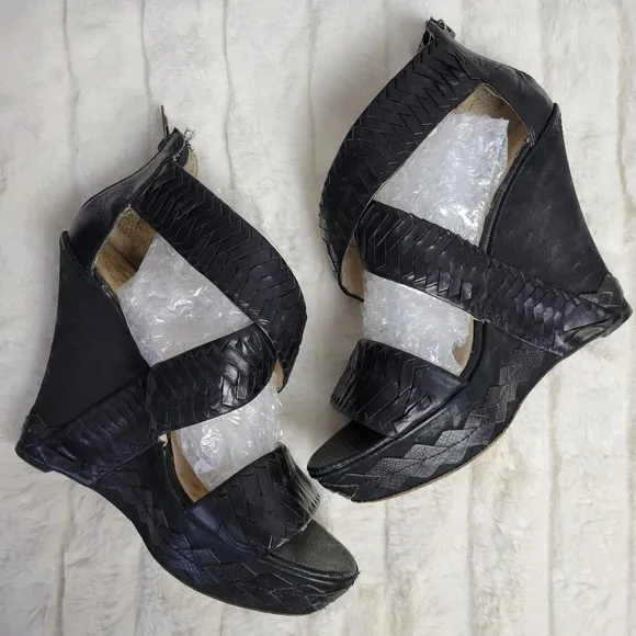 HOUSE OF HARLOW // veronika python woven suede leather strappy platform wedges