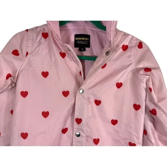 Hugo Tiki Jacket Kids 6T Pink Snaps Hoodie Red Hearts Valentines Raincoat Preppy