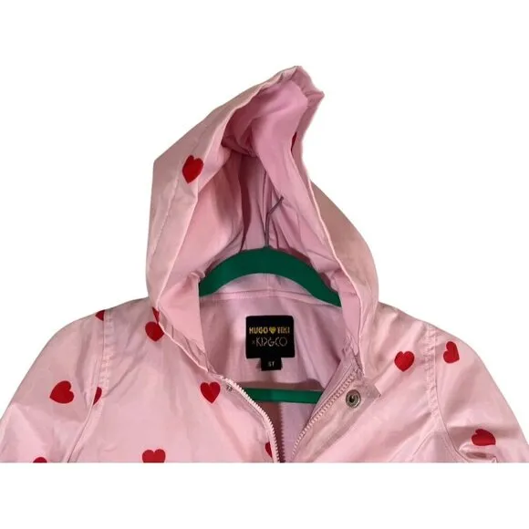 Hugo Tiki Jacket Kids 6T Pink Snaps Hoodie Red Hearts Valentines Raincoat Preppy