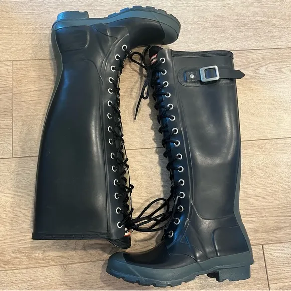 Hunter Watling Tall Lace Up Rain Boots Women’s Black Green Size 5