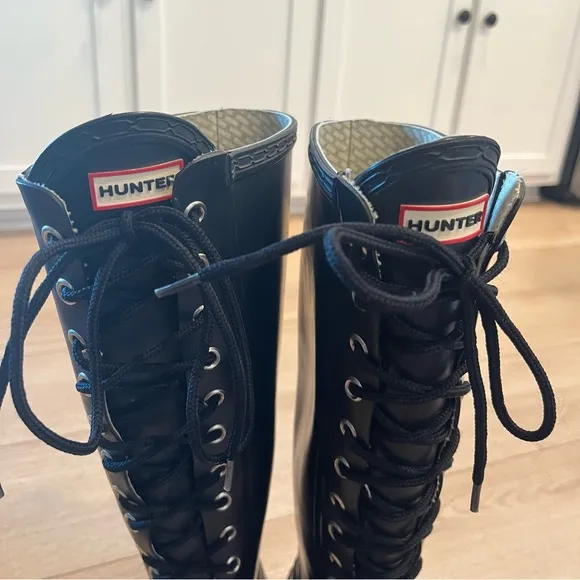 Hunter Watling Tall Lace Up Rain Boots Women’s Black Green Size 5