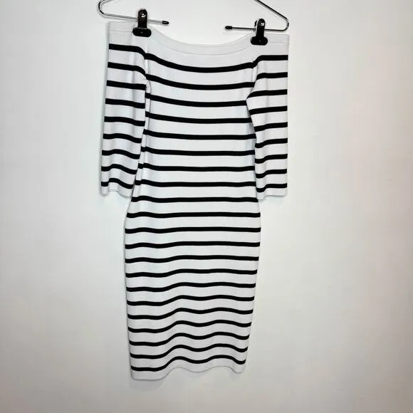 INTERMIX Tara Striped Bodycon Knit Dress Off Shoulder black white 3217